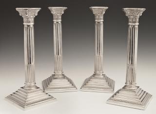 Appraisal: Set of Four English Silverplated Corinthian Column Candlesticks early th