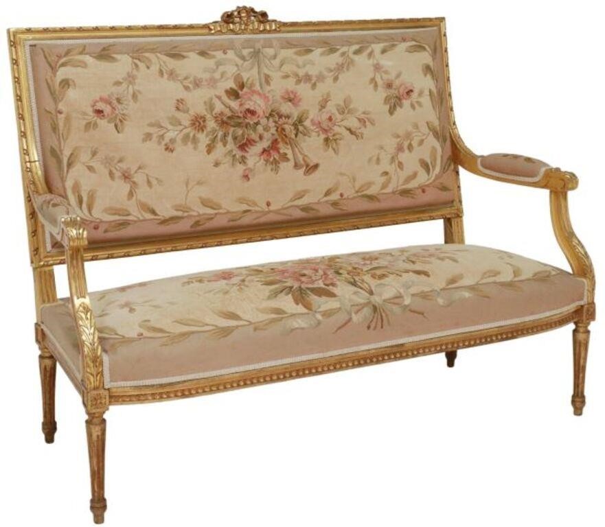 Appraisal: French Louis XVI style giltwood salon settee th c carved