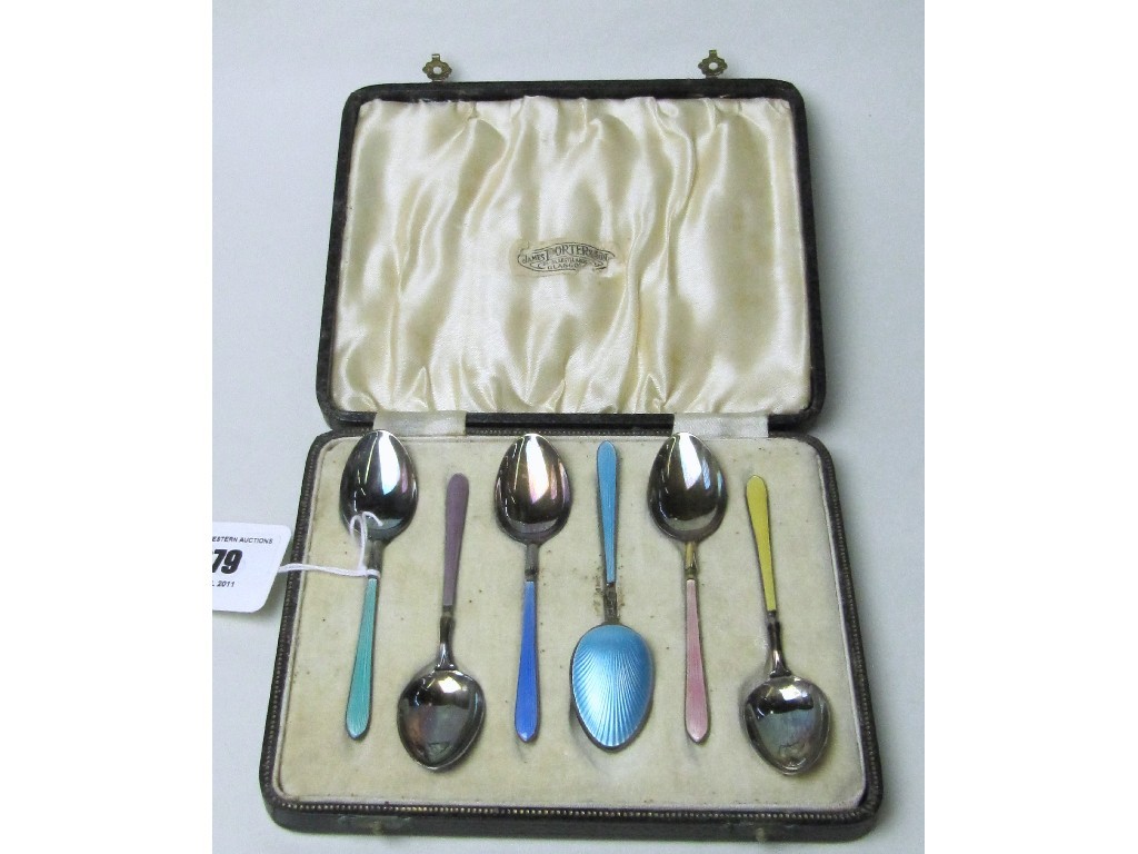 Appraisal: Cased set of six silver gilt and enamel spoons Birmingham