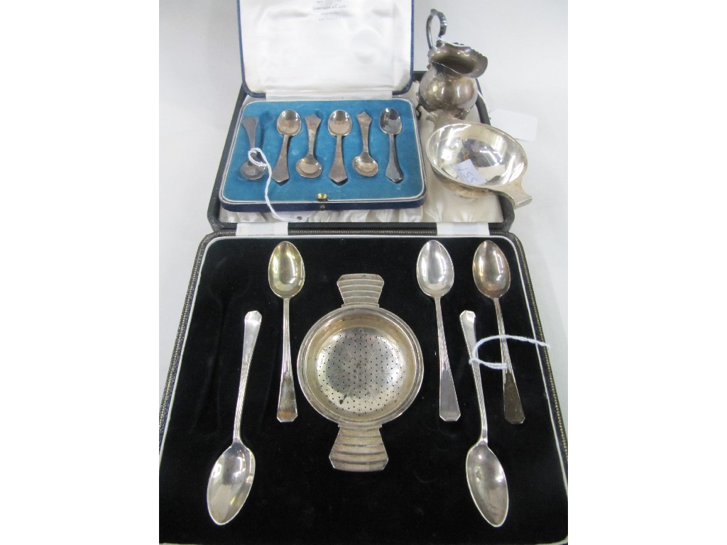 Appraisal: Lot comprising part silver teaspoon strainer set cased silver coffee