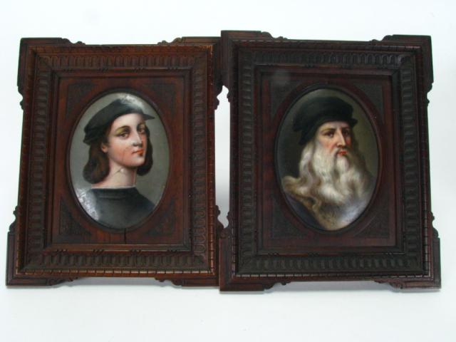 Appraisal: Pair of hand-painted oval portraits in carved black walnut frames