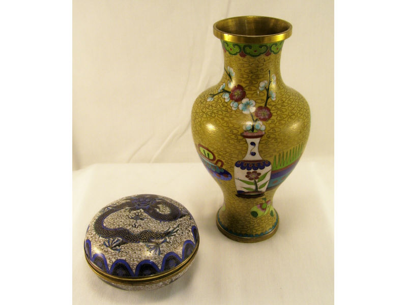 Appraisal: Cloisonne Vase Covered Box Includes Cloisonne decorated vase with urn