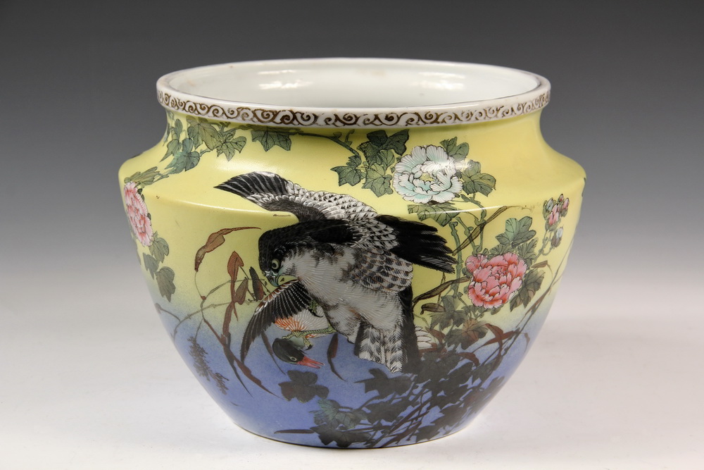 Appraisal: JAPANESE PORCELAIN JARDINIERE - Low Jardiniere decorated with hawk grasping