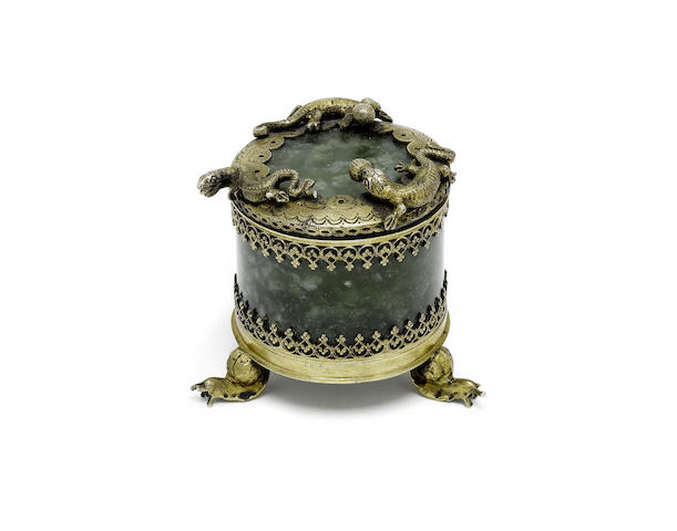 Appraisal: A Continental silver-gilt mounted jade canister by J D Schleissner