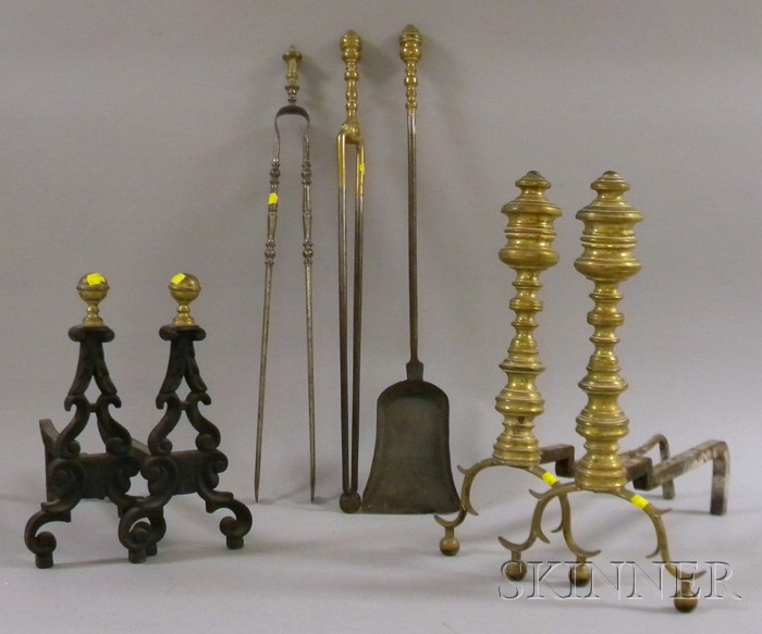 Appraisal: Seven Pieces of Brass and Iron Fireplace and Hearth Items