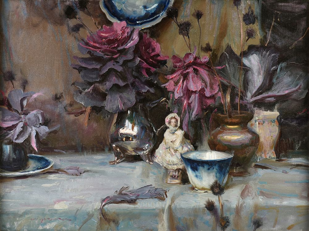 Appraisal: AMERICAN SCHOOL A PAINTING Still Life with Figurine Purple Cabbage