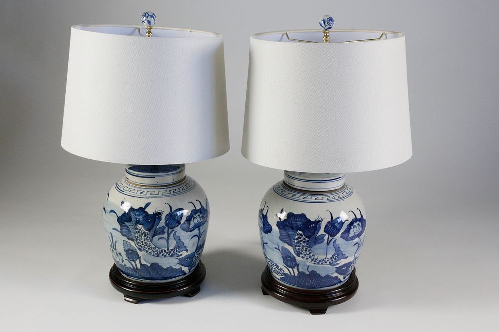 Appraisal: Pair of Blue and White Canton Style Porcelain Covered Ginger