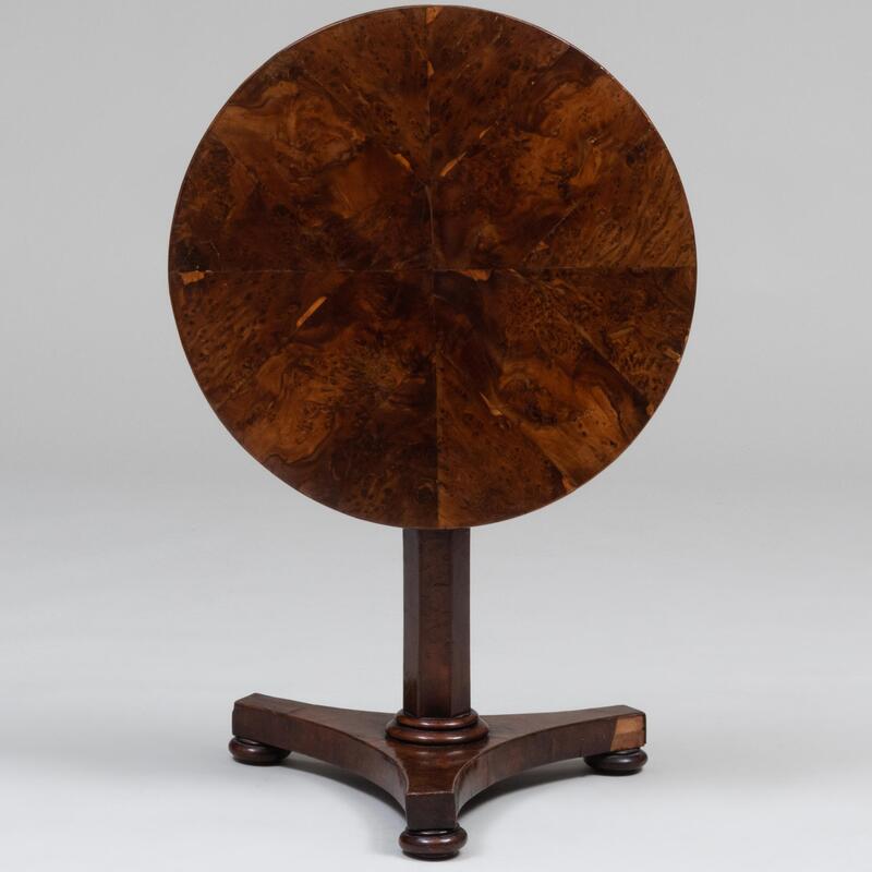 Appraisal: Continental Burlwood Tilt-Top Table x in diam Condition Scattered scuffing