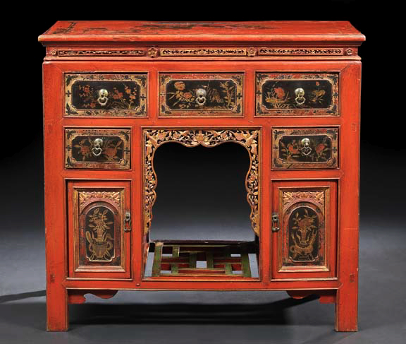 Appraisal: Chinese Red Lacquered and Painted Desk th century the rectangular