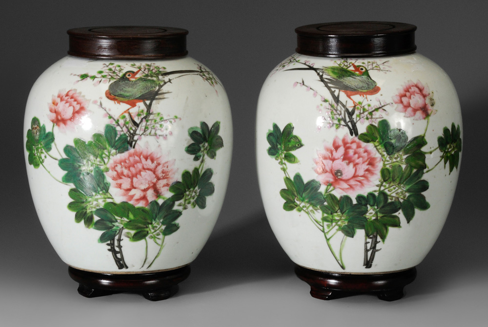 Appraisal: Pair Floral and Bird Decorated Porcelain Jars Chin