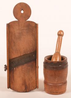 Appraisal: Antique Wood Slaw Board Mortar and Pestle Slaw board measures