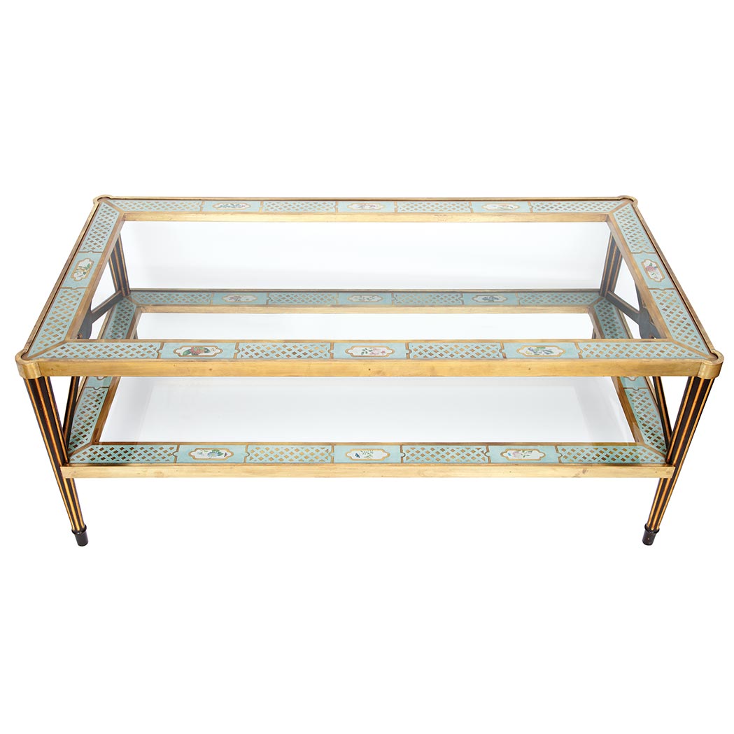 Appraisal: Glass Brass and Ebonized Wood Low Table With two tiers