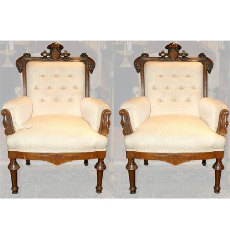 Appraisal: Pair of American Renaissance Revival Mahogany Upholstered Armchairs Estimate -