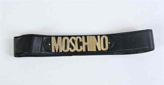 Appraisal: MOSCHINO BLACK LEATHER BELT With Moschino gold-tone buckle - in