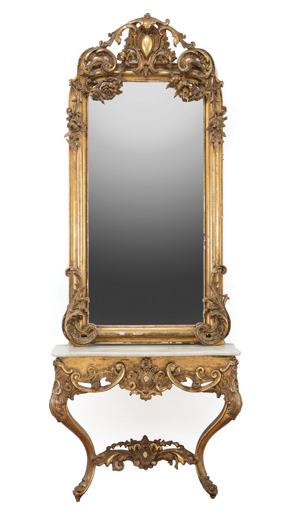 Appraisal: French Rococo Giltwood Pier Mirror and Console Table mid- th