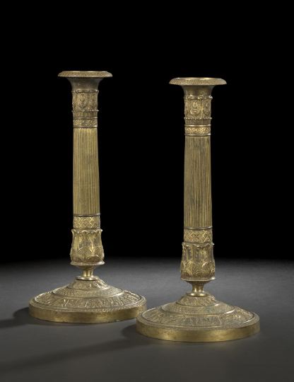 Appraisal: Good Pair of Louis-Philippe Gilt-Lacquered Brass Columnar Candlesticks second quarter