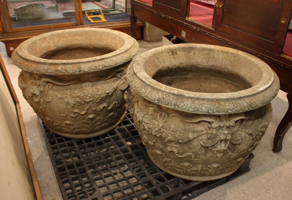 Appraisal: LARGE PAIR OF VINTAGE CONCRETE GARDEN PLANTERS round Neoclassical bowl