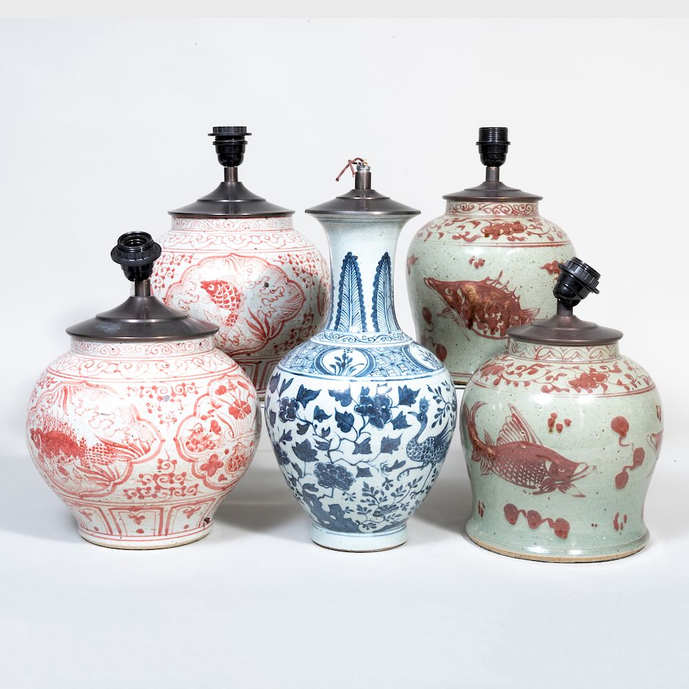 Appraisal: Group of Five Asian Porcelain Table Lamps Comprising four iron