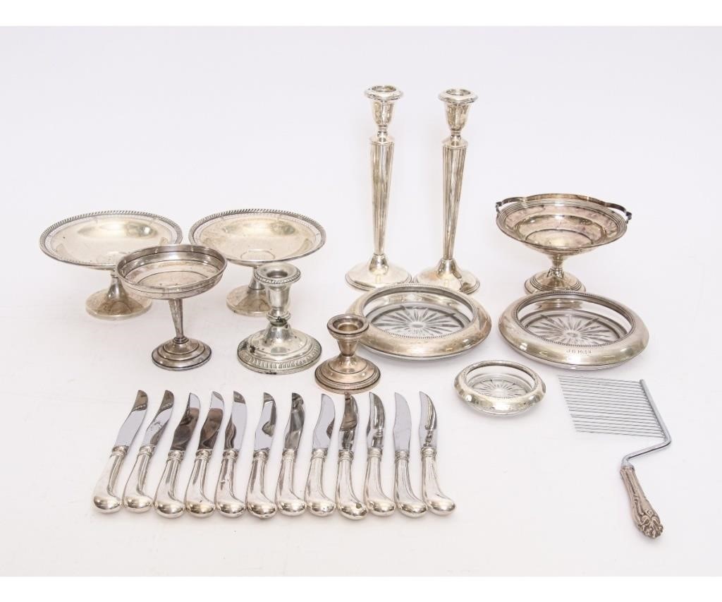 Appraisal: Weighted sterling silver tableware to include candy dishes candlesticks together