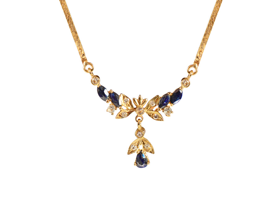 Appraisal: LADIES K GOLD HERRINGBONE NECKLACE WITH SAPPHIRE DROP PENDANT The