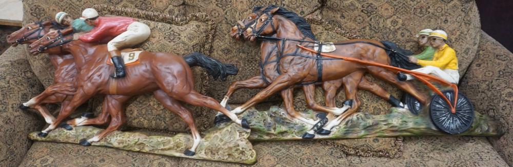 Appraisal: PAIR COMPOSITE HORSE-AND-JOCKEY WALL HANGINGS X IN X CM Pair