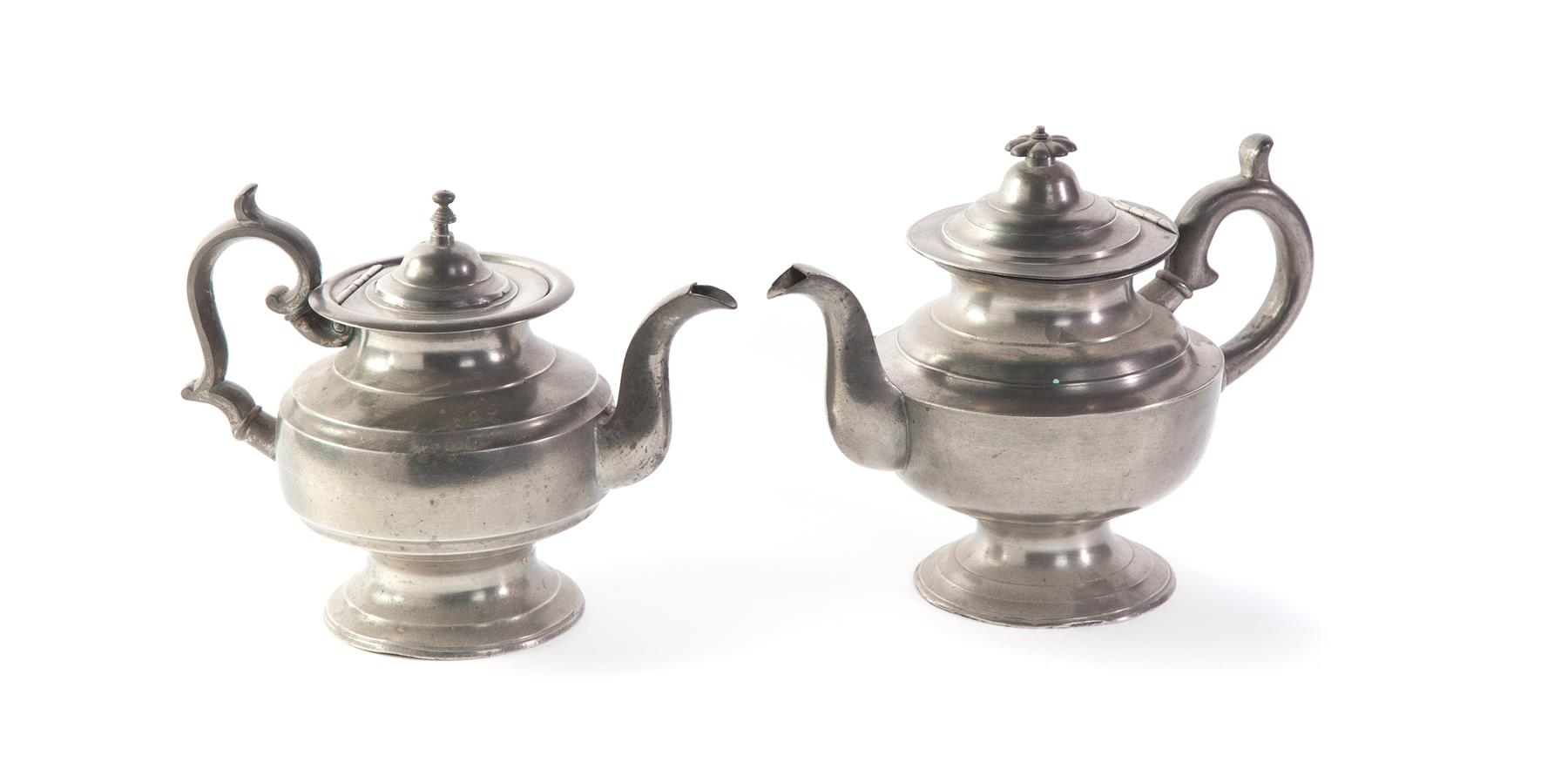 Appraisal: TWO MASSACHUSETTS PEWTER TEAPOTS Marked Roswell Gleason - Damaged finial