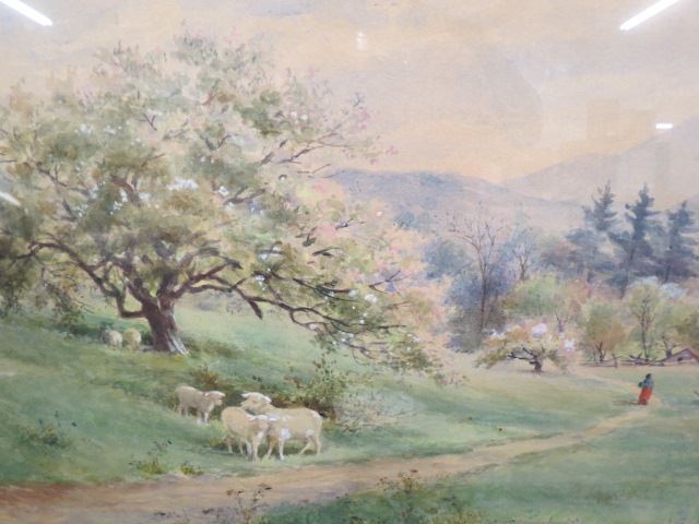 Appraisal: Martha W Belcher watercolor landscape with sheep marked inside Triple