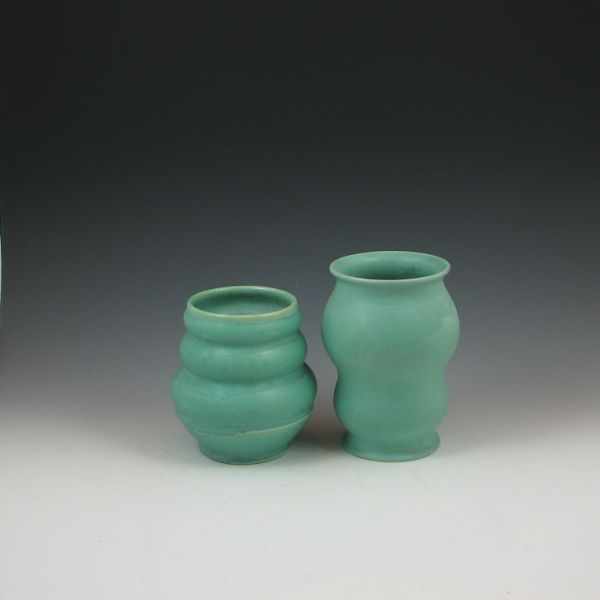 Appraisal: art deco light green vases almost crystalline Ohio clay shorter