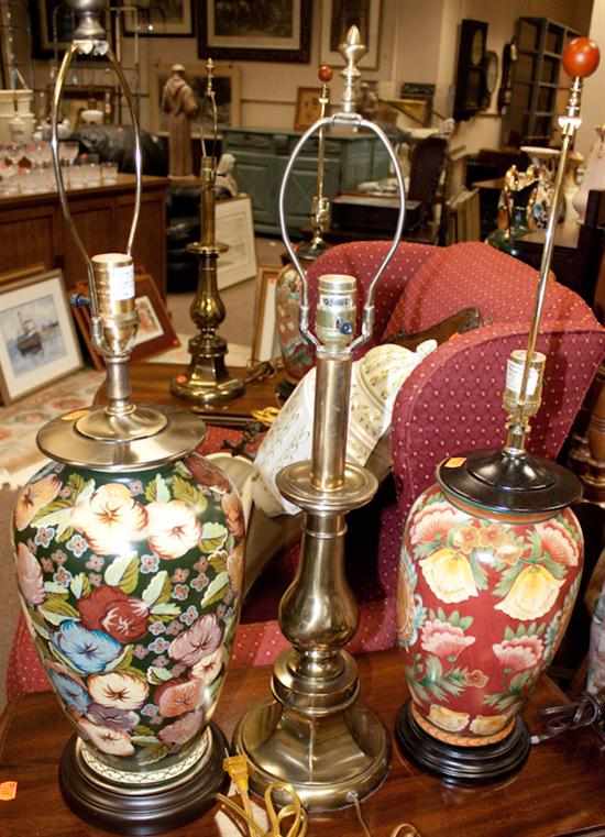 Appraisal: Pair of floral painted metal urn-form lamps with similar urn-form