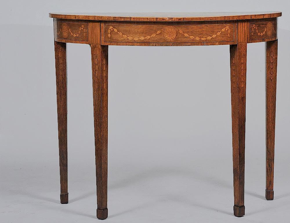 Appraisal: ADAMS STYLE KINGSWOOD INLAID MAHOGANY CONSOLE TABLE The demilune top