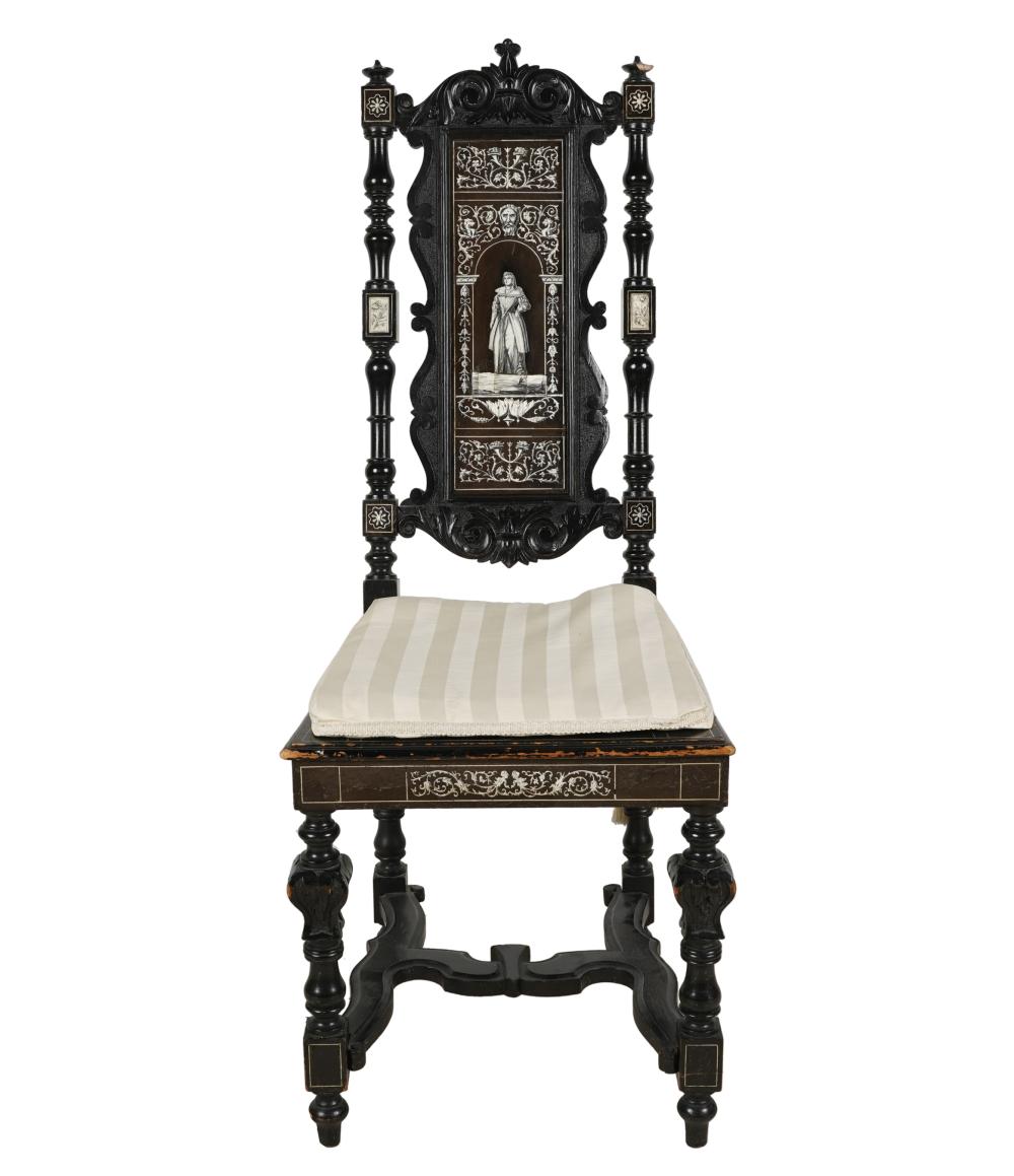 Appraisal: ITALIAN BONE- INLAID EBONIZED WOOD CHAIRthe backsplat depicting a gentleman