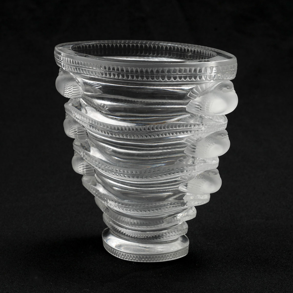 Appraisal: LALIQUE ''SAINT-MARC'' BIRD VASE tier tapered Lalique crystal vase with