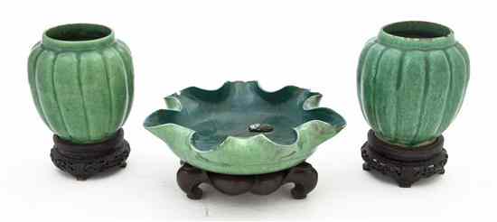 Appraisal: Three Chinese Glazed Ceramic Articles comprising a pair of melon