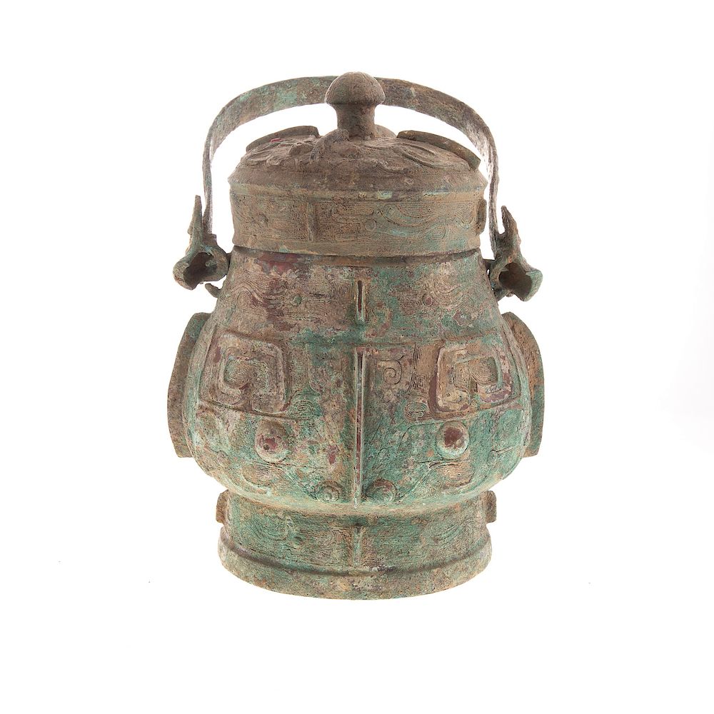 Appraisal: Chinese Archaic Manner Bronze Vessel lidded jar with swing handle