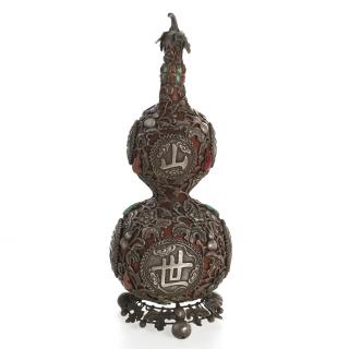 Appraisal: Sino-Tibetan silvered overlay double gourd vase th th c inset