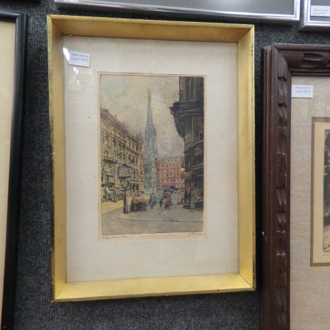 Appraisal: Schanck colored etching Austria street scene image area x pencil