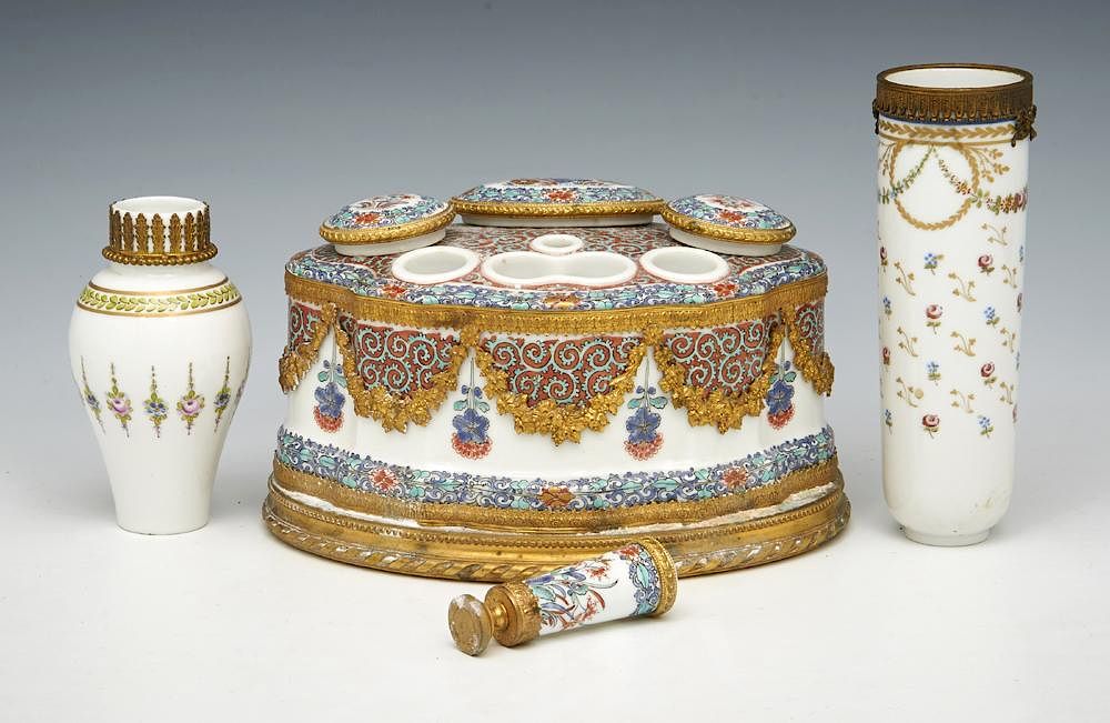 Appraisal: French porcelain Chantilly desk set and Sevres bottles French porcelain