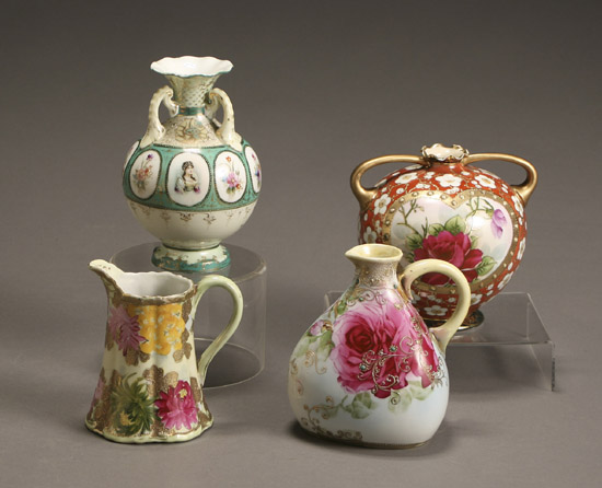 Appraisal: Two Nippon Floral and Pictoral Vases a Milk Jug and