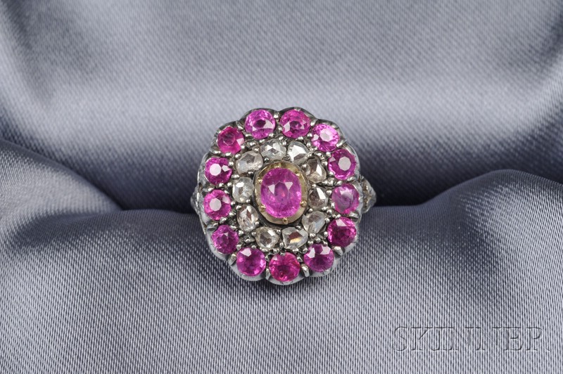 Appraisal: Renaissance Revival Ruby and Diamond Ring centering a cushion-cut ruby