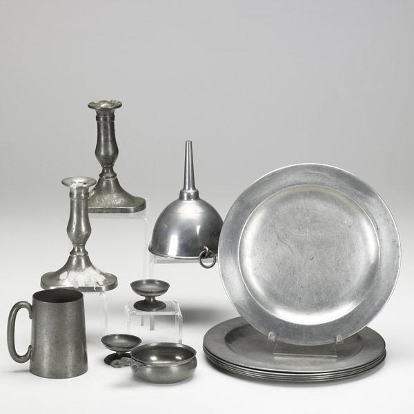 Appraisal: PEWTER GROUPING Thirteen pieces include six plates funnel poppinger pair