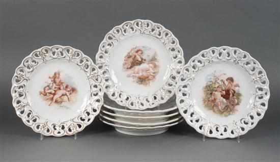 Appraisal: Set of seven Excelsior reticulated paint transfer decorated porcelain dessert