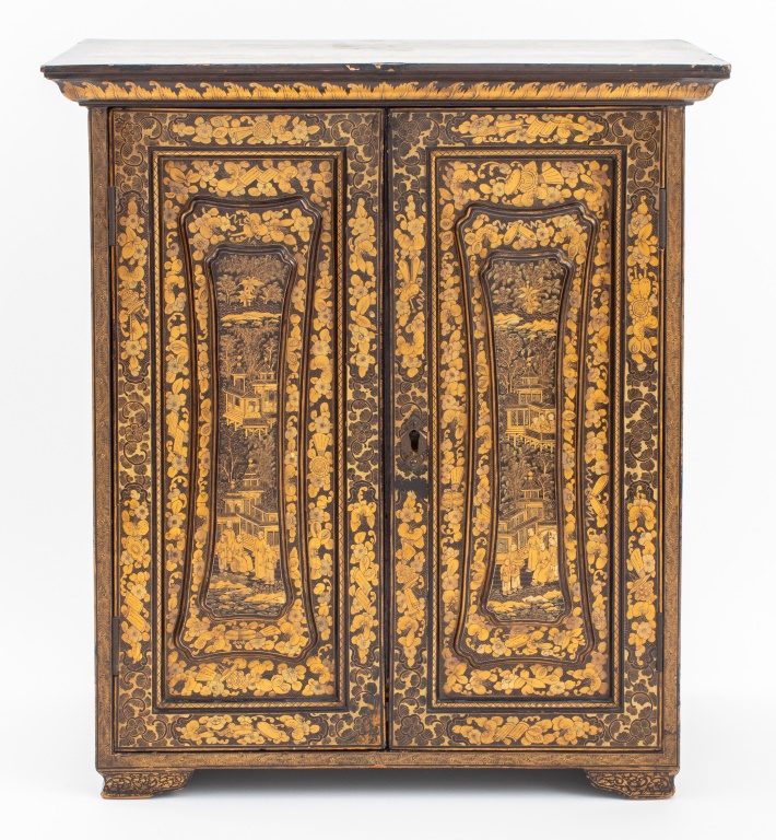 Appraisal: CHINESE GILT BLACK LACQUERED CABINET Chinese black lacquered wood cabinet