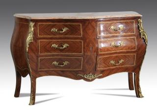 Appraisal: Parquetry inlaid marble top Louis XV style serpentine bombe' commode