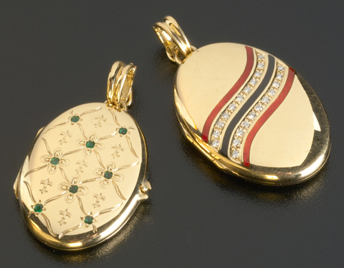 Appraisal: Two Victor Meyer Germany k lockets one with emeralds one