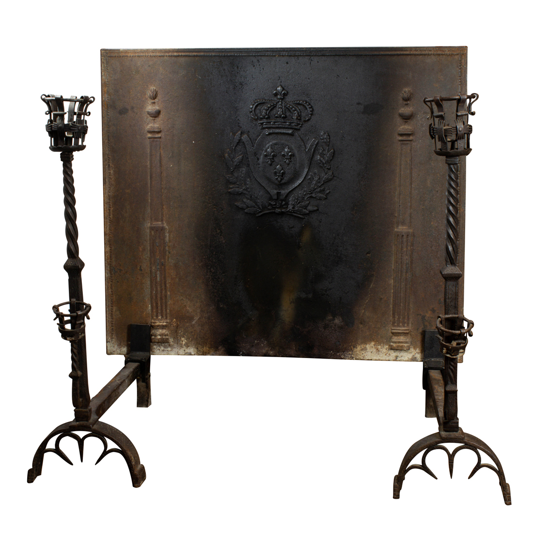 Appraisal: A massive pair of Continental wrought iron andirons and cast