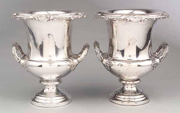 Appraisal: A Pair of Antique Crested Sheffield Wine Coolers th c