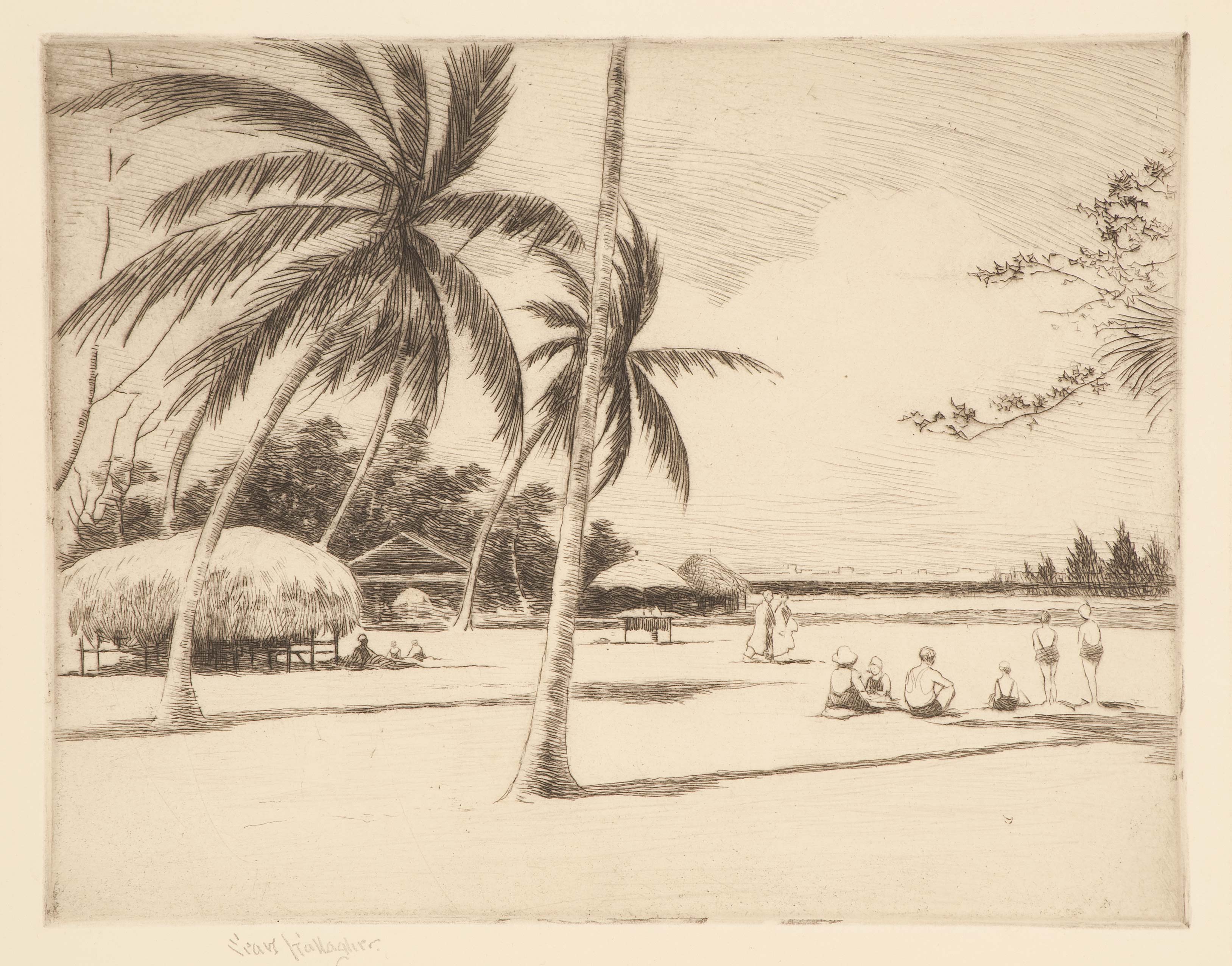 Appraisal: SEARS GALLAGHERAmerican - Beach bathers and palm trees Signed in