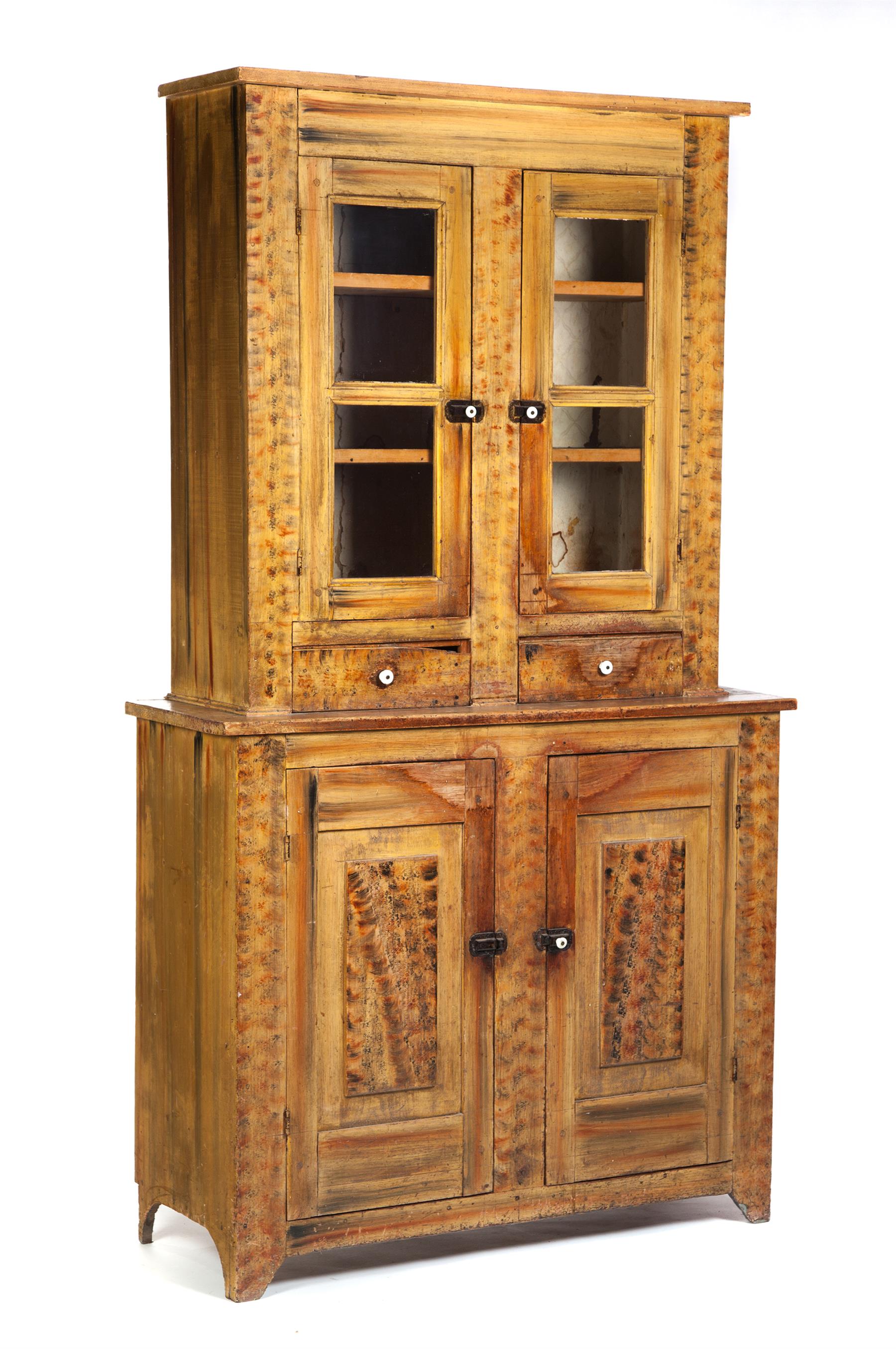 Appraisal: AMERICAN DECORATED CUPBOARD Mid th century pine Two-piece stepback cupboard