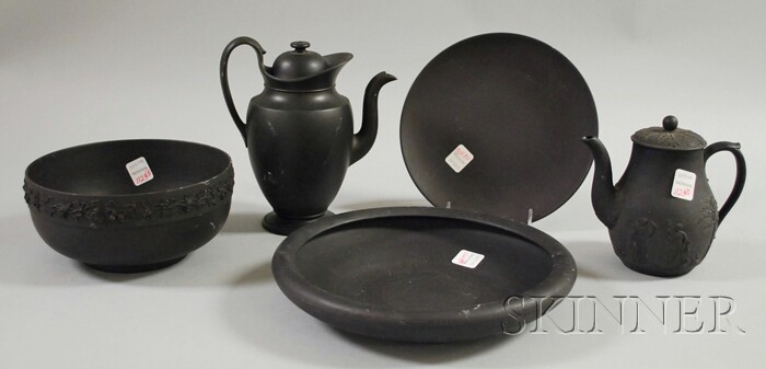 Appraisal: Five Wedgwood Black Basalt Items a teapot coffeepot fruit bowl