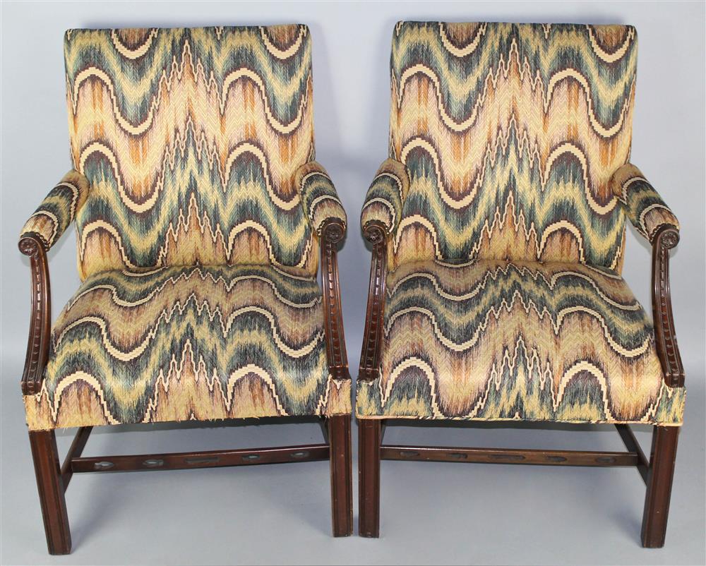 Appraisal: PAIR OF GEORGIAN STYLE MAHOGANY FLAMESTITCH UPHOLSTERED OPEN ARMCHAIRS each